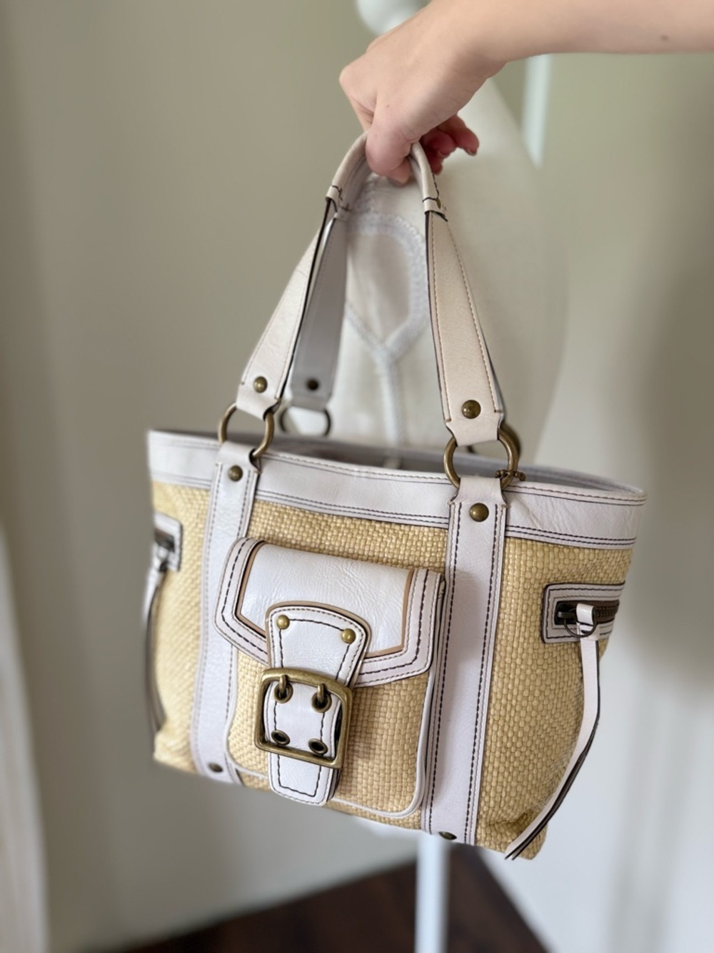 Vintage Coach Legacy Straw & Leather Tote White Brass Accents Y2K Coach 113 - Picture 3 of 10
